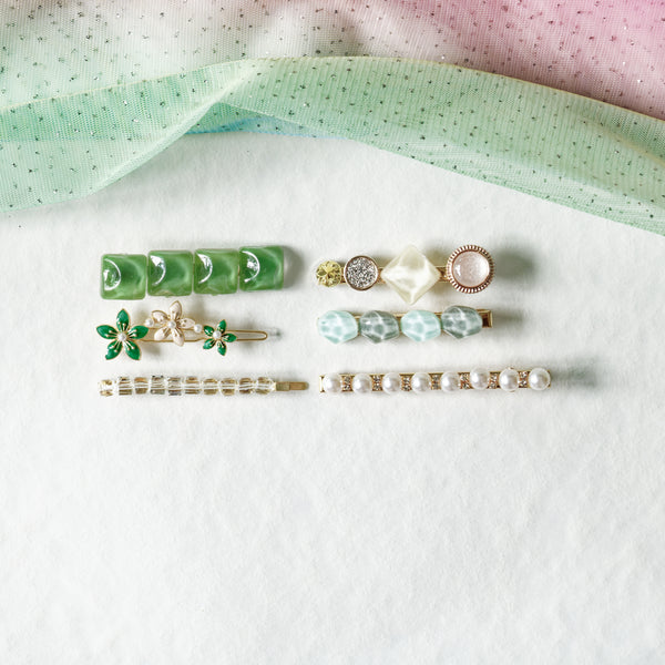 Emerald & Floral Hair Clips Set